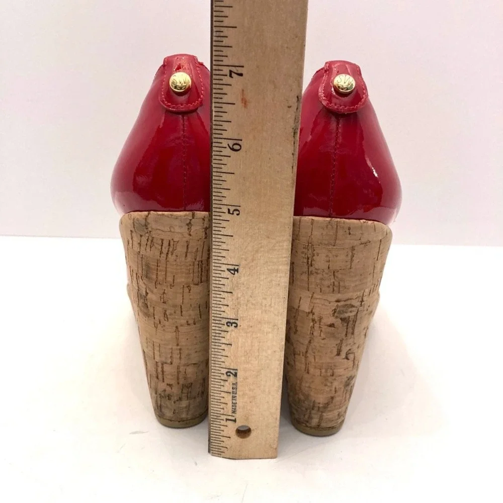 Stuart Weitzman Red Patent Leather Cork Wedge Heels Shoes Womens 7M Platform